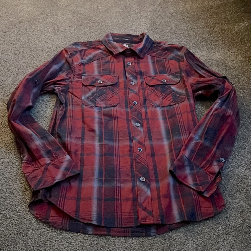 Rock & Republic Long Sleeve Shirt red Plaid Flannel Pockets  Men’s Medium